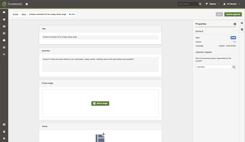 A screenshot of the entry editor showing the actions for a news author