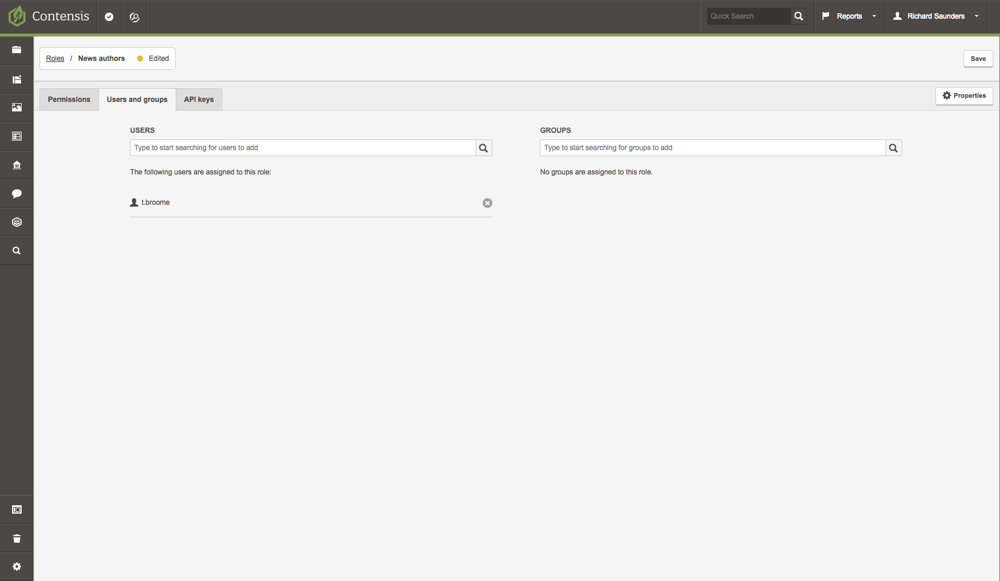 A screenshot of the roles editor assigning a user